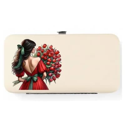 A cream case printed with a girl in a red dress with a green bow, holding red tulips, ready for a name