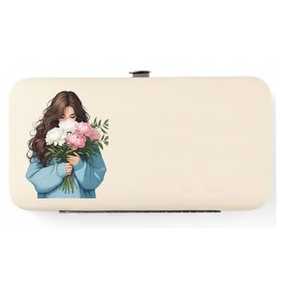 A cream case printed with a girl in a light-blue sweater holding white and pink flowers, ready for a name