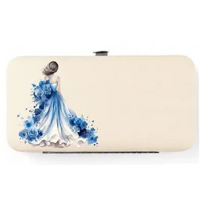 A cream case printed with a woman seen from behind in a flowing blue-and-white gown among blue roses, ready for a name