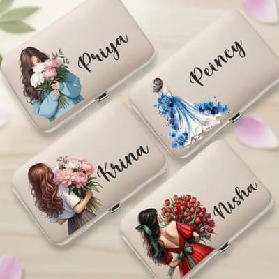Four cases printed with girls holding flowers and the names Priya, Peincy, Krina and Nisha