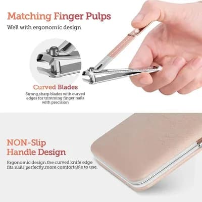 A hand holding a nail clipper with curved blades, beside the case