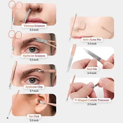 Nose-hair scissors, eyebrow scissors, tweezers, an ear pick, a blemish pin, a nail file and a cuticle trimmer, each with its length