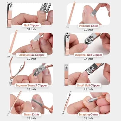 Five nail clippers, a pedicure knife and two scrapers for hard skin, each with its length