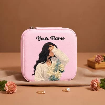 A pink mini jewelry box printed with a woman in a cream lace top holding pale flowers, with “Your Name” above her