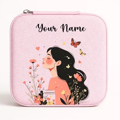 A pink mini jewelry box printed with a girl in profile among pink flowers and butterflies, with “Your Name” above her