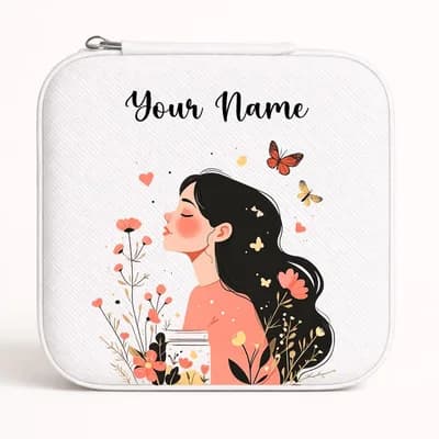 A white mini jewelry box printed with a girl in profile among pink flowers and butterflies, with “Your Name” above her