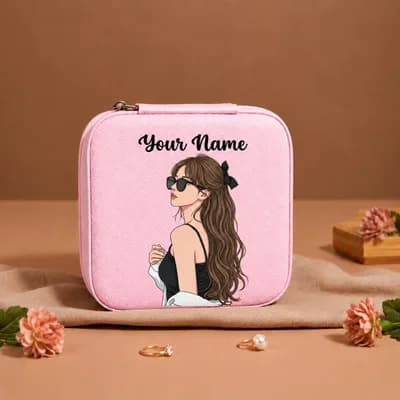 A pink mini jewelry box printed with a woman in sunglasses with a black bow in her long hair, with “Your Name” above her