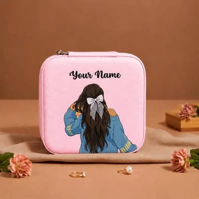 A pink mini jewelry box printed with a girl seen from behind, a white bow in her hair and a denim jacket, with “Your Name” above her