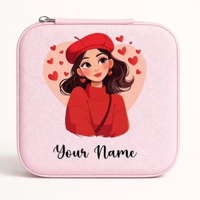 A pink mini jewelry box printed with a girl in a red beret and sweater in front of a heart, with “Your Name” below her