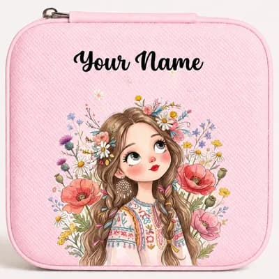 A pink mini jewelry box printed with a girl in a flower crown among red poppies, with “Your Name” above her