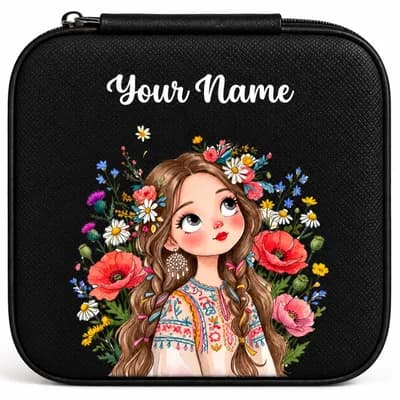 A black mini jewelry box printed with a girl in a flower crown among red poppies, with “Your Name” above her in white