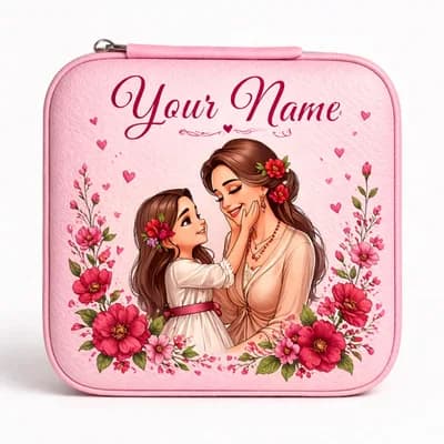 A pink mini jewelry box printed with a mother and her daughter among red flowers, with “Your Name” above them