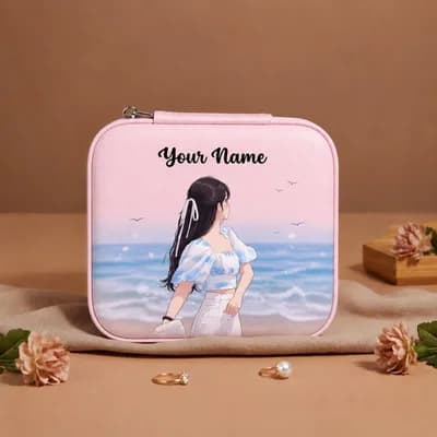 A pink mini jewelry box printed with a girl in white looking out at the sea, with “Your Name” above her