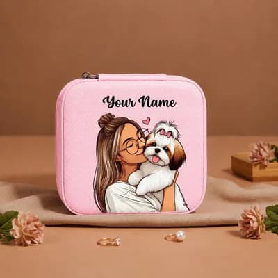 A pink mini jewelry box printed with a girl in glasses hugging a small white dog, with “Your Name” above her