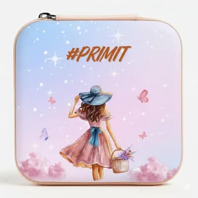 A lilac mini jewelry box printed with a starry sky and a girl in a blue hat carrying a flower basket, with “#PRIMIT” above her