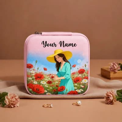 A pink mini jewelry box printed with a woman in a yellow hat in a field of red poppies, with “Your Name” above her
