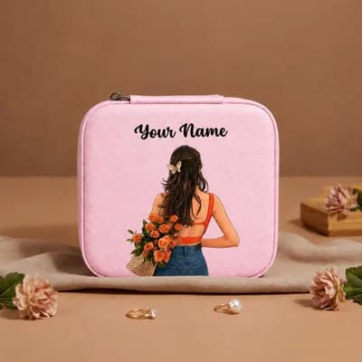 A pink mini jewelry box printed with a girl seen from behind holding orange roses, with “Your Name” above her