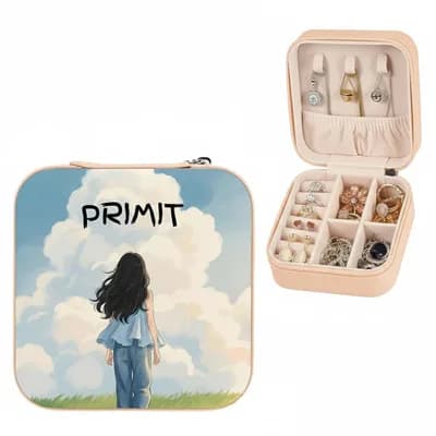 A mini jewelry box printed with a blue sky, white clouds and a girl seen from behind, with “PRIMIT” in the sky, beside an open box