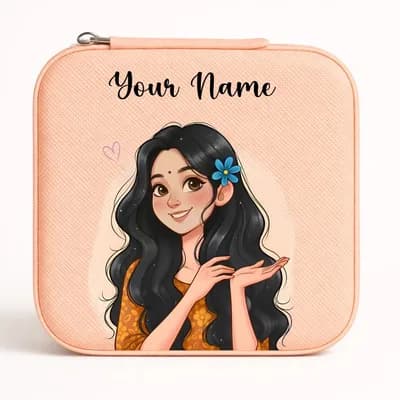 A peach mini jewelry box printed with a smiling girl with long black hair and a blue flower, with “Your Name” above her