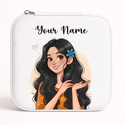 A white mini jewelry box printed with a smiling girl with long black hair and a blue flower, with “Your Name” above her