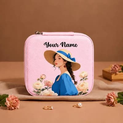 A pink mini jewelry box printed with a woman in a wide straw hat and a blue blouse among cream roses, with “Your Name” above her