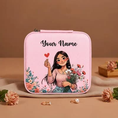 A pink mini jewelry box printed with a smiling girl holding a small red heart and a bunch of flowers, with “Your Name” above her