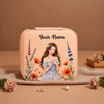 A peach mini jewelry box printed with a girl in a blue floral dress among wildflowers, with “Your Name” above her