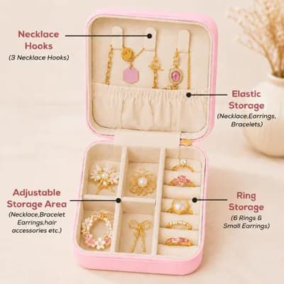 The open box, labeled: three necklace hooks and an elastic pocket in the lid, an adjustable compartment area and a ring roll for six rings in the base