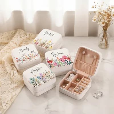 White mini jewelry boxes printed with flowers and four names in script, beside an open box holding jewelry