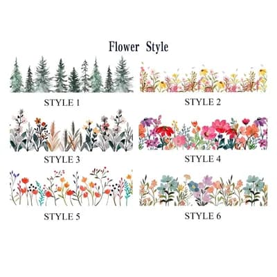 Flower styles 1 to 6: pine trees; small pink and yellow flowers; grasses and wildflowers; bright red and pink flowers; red and blue sprigs; blue and peach flowers