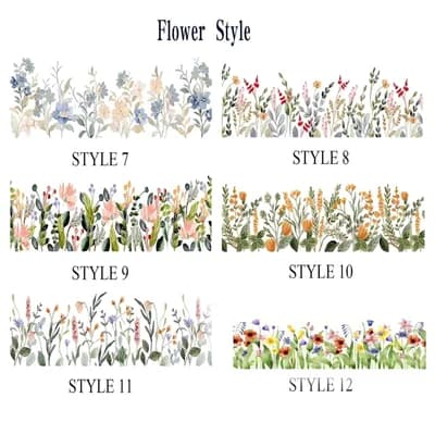 Flower styles 7 to 12: pale blue flowers; red and pink sprigs; a peach meadow; a golden meadow; soft pink wildflowers; a bright border of red, yellow and purple flowers