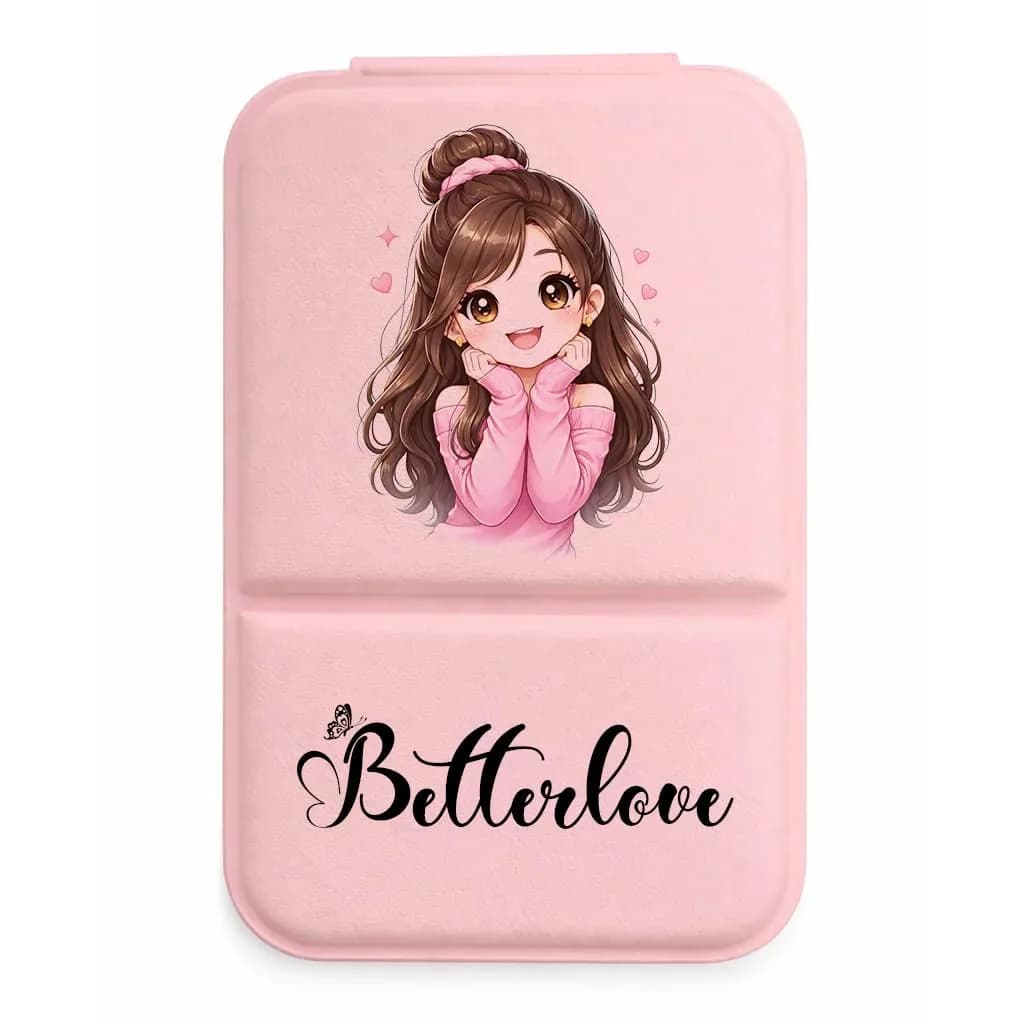 A pink mirror cover printed with a smiling cartoon girl in a pink sweater, her chin in her hands, and a name below it
