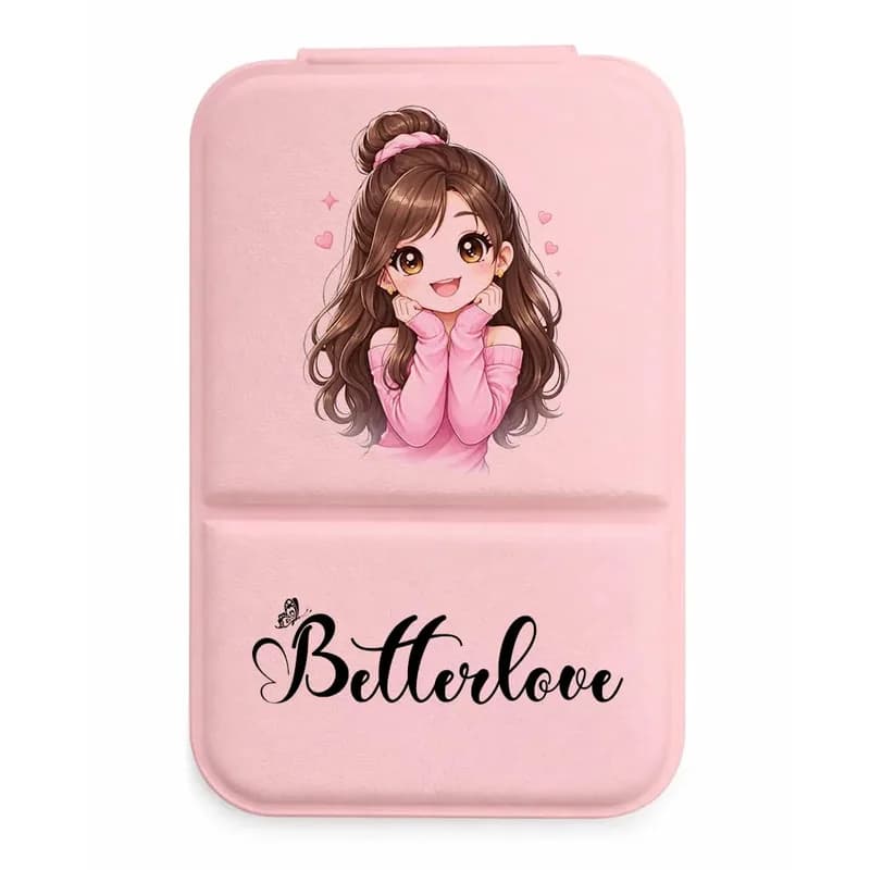 A pink mirror cover printed with a smiling cartoon girl in a pink sweater, her chin in her hands, and a name below it