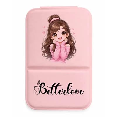 A pink mirror cover printed with a smiling cartoon girl in a pink sweater, her chin in her hands, and a name below it