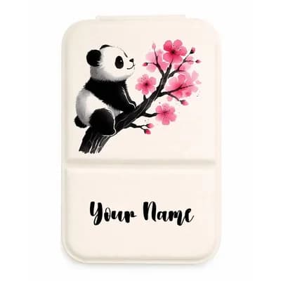 A cream mirror cover printed with a panda on a branch of pink cherry blossom, and a name below it