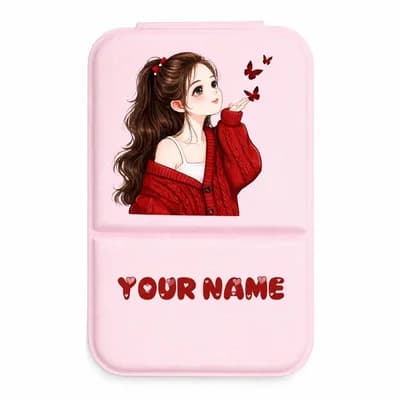 A pink mirror cover printed with a girl in a red sweater blowing butterflies, and a name below it