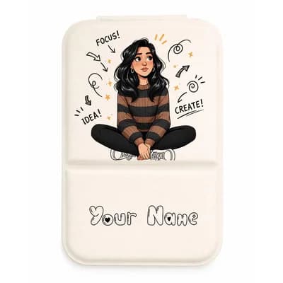 A cream mirror cover printed with a girl sitting cross-legged among the words Focus, Idea and Create, and a name below it