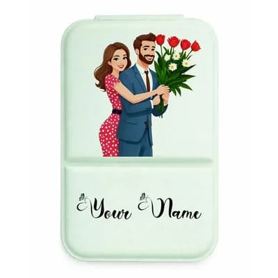 A mint mirror cover printed with a man in a suit giving a woman red roses, and a name below it