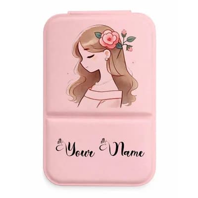 A pink mirror cover printed with a girl with her eyes closed and a pink rose in her hair, and a name below it
