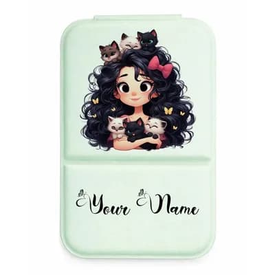 A mint mirror cover printed with a curly-haired girl with kittens on her head and in her arms, and a name below it