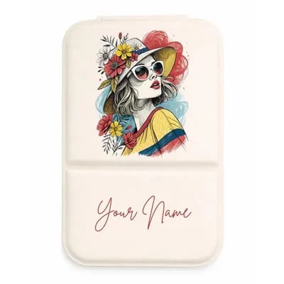 A cream mirror cover printed with a girl in a flowered hat and sunglasses, and a name below it