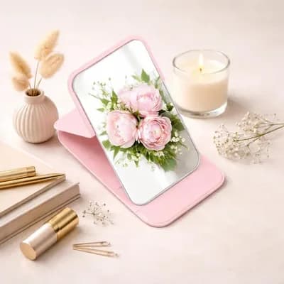 An open pink mirror on its stand, reflecting pink peonies, beside a candle and lipsticks