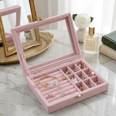 An open pink velvet box holding a bangle, a bracelet and rings, its glass lid raised