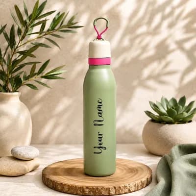 A sage green water bottle with a cream cap and a pink band and loop, with “Your Name” printed along its side