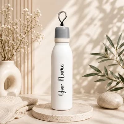 A white water bottle with a gray cap and a black carry loop, with “Your Name” printed along its side
