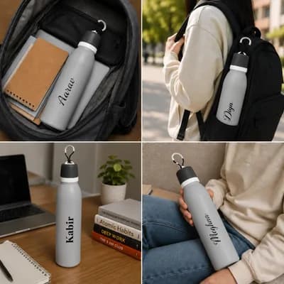 Gray bottles printed with Aarav, Diya, Kabir and Meghna, in a backpack, on a desk and in hand