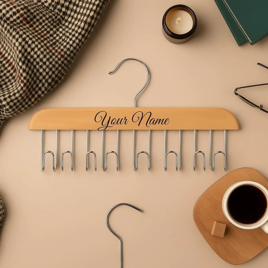 A wooden hanger engraved with “Your Name”, its row of steel hooks below, on a table with a coffee cup