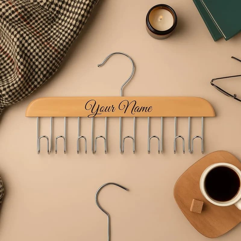 A wooden hanger engraved with “Your Name”, its row of steel hooks below, on a table with a coffee cup