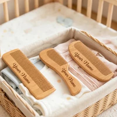 Three wooden combs engraved with “Your Name”, in a woven basket on a folded towel