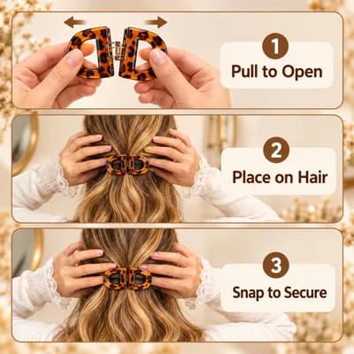 Three steps: pull the clip open, place it on the hair, snap it shut